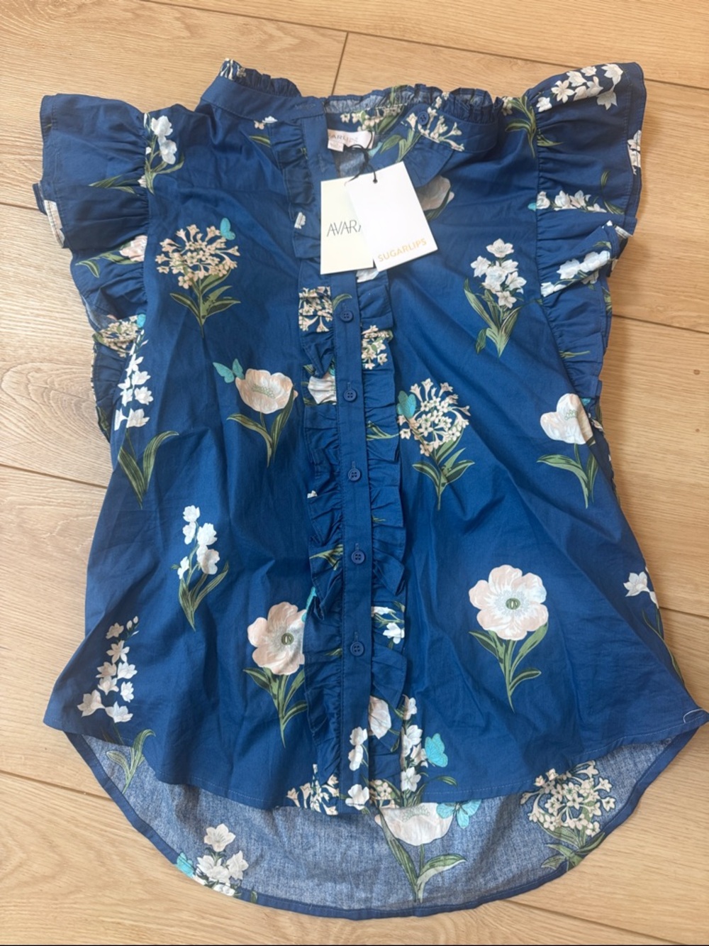 Sugarlips Avara Navy Floral Ruffle-Trim Button Front Blouse SZ XS NWT